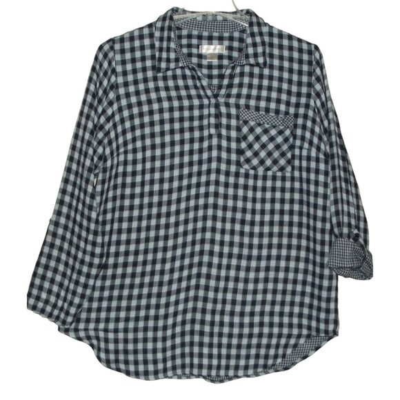 Christopher & Banks Blouse Womens Large Blue Plaid tunic v-neck rayon country - Picture 2 of 15